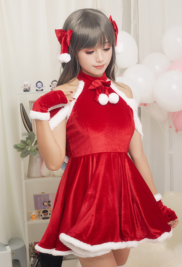 Xmas Elf Women Sweet Elf Christmas Costume Maid Style Red Velvet Bowknot Decorated Cold Shoulder Hot Dress with Shawl