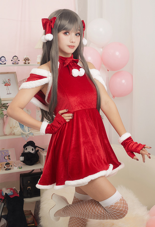 Xmas Elf Women Sweet Elf Christmas Costume Maid Style Red Velvet Bowknot Decorated Cold Shoulder Hot Dress with Shawl