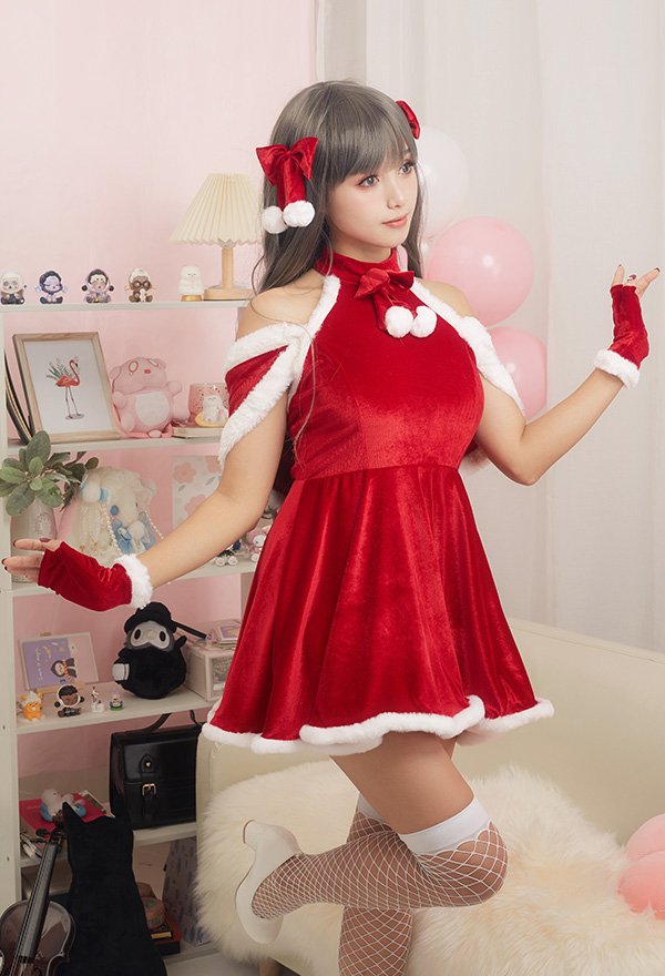 Xmas Elf Women Sweet Elf Christmas Costume Maid Style Red Velvet Bowknot Decorated Cold Shoulder Hot Dress with Shawl