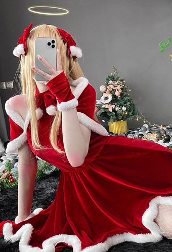 Xmas Elf Women Sweet Elf Christmas Costume Maid Style Red Velvet Bowknot Decorated Cold Shoulder Hot Dress with Shawl