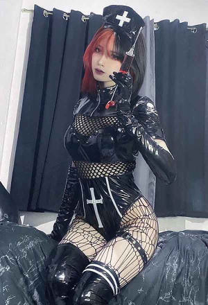 FALLEN ANGEL Gothic Temptation Nurse Uniform Sexy Style Black Mesh Cross Pattern Bodysuit with Gloves and Hat