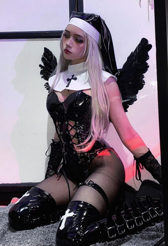 HOLY LOVE Gothic Devil Ghost Nun Uniform Black PU Leather Front Lace-up Bodysuit with Headwear and Gloves