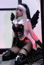 HOLY LOVE Gothic Devil Ghost Nun Uniform Black PU Leather Front Lace-up Bodysuit with Headwear and Gloves