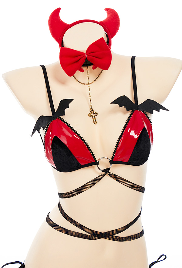 Gothic Night Bat Elf Sexy Lingerie Hot Style PU Leather Bat Decorated Lace-up Top and Thong Lingerie Set with Bow Tie Gothic Night Bat Elf Sexy Lingerie Hot Style PU Leather Bat Decorated Lace-up Top and Thong Lingerie Set with Bow Tie