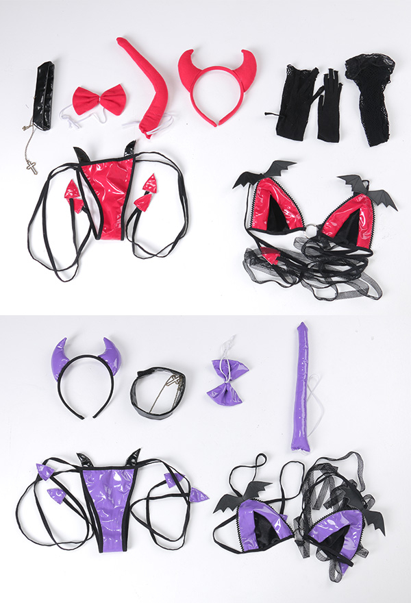Gothic Night Bat Elf Sexy Lingerie Hot Style PU Leather Bat Decorated Lace-up Top and Thong Lingerie Set with Bow Tie Gothic Night Bat Elf Sexy Lingerie Hot Style PU Leather Bat Decorated Lace-up Top and Thong Lingerie Set with Bow Tie