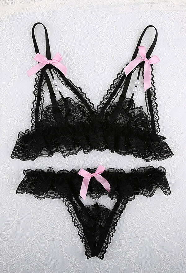Women Valentine Sweet Night Lace Lingerie Spandex Ruffle Edge Bowknot Strap Lingerie Set with Head Band