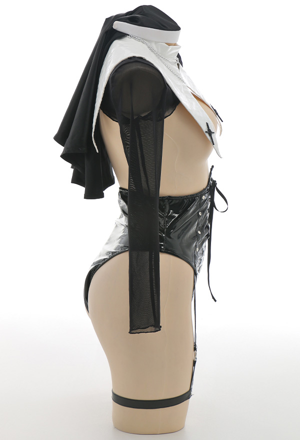 HOLY LOVE Gothic Nun Suit Black and White Open Chest Mesh Top and Lace-up Bottom Lingerie HOLY LOVE Gothic Nun Suit Black and White Open Chest Mesh Top and Lace-up Bottom Lingerie