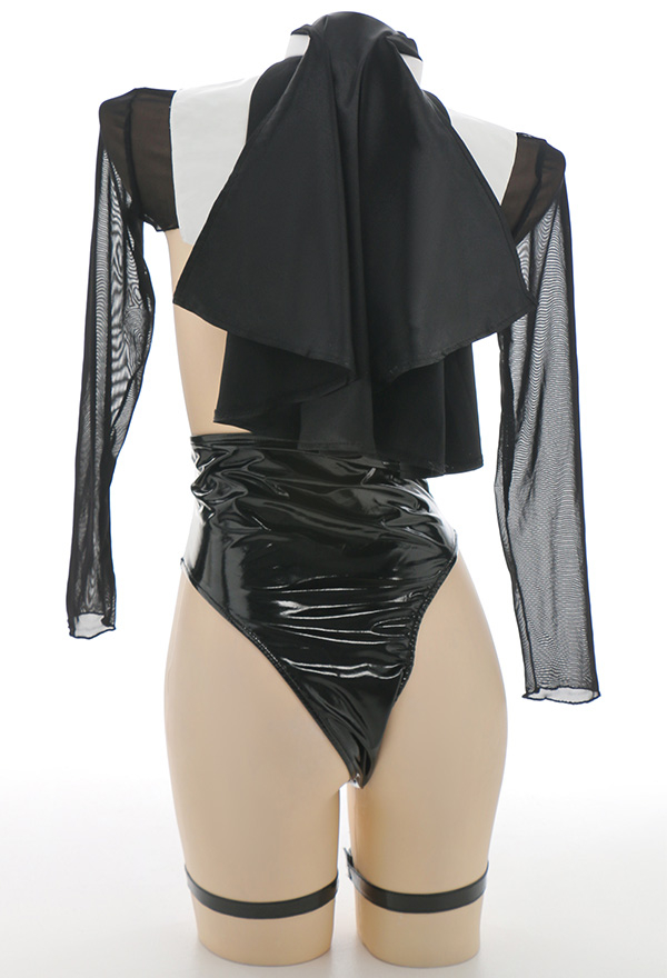 HOLY LOVE Gothic Nun Suit Black and White Open Chest Mesh Top and Lace-up Bottom Lingerie HOLY LOVE Gothic Nun Suit Black and White Open Chest Mesh Top and Lace-up Bottom Lingerie