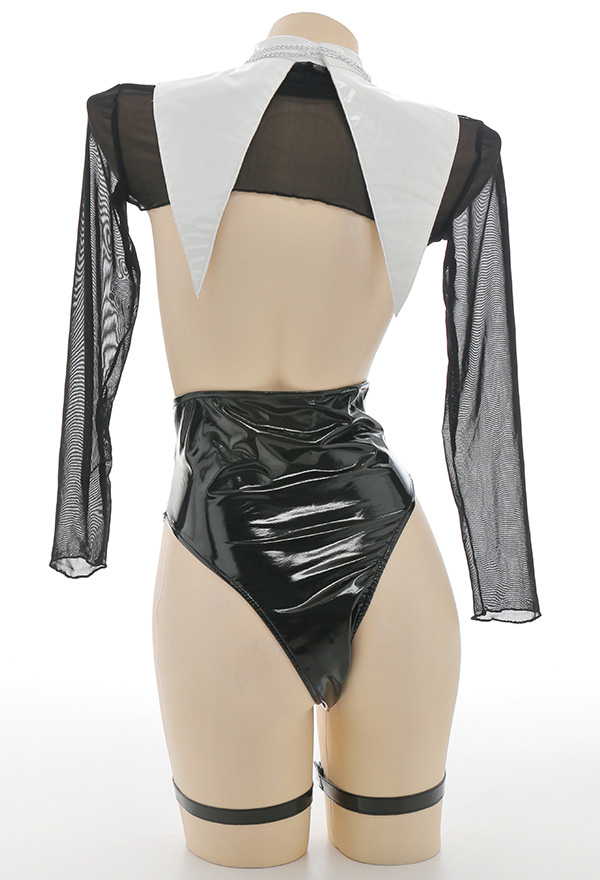 HOLY LOVE Gothic Nun Suit Black and White Open Chest Mesh Top and Lace-up Bottom Lingerie HOLY LOVE Gothic Nun Suit Black and White Open Chest Mesh Top and Lace-up Bottom Lingerie