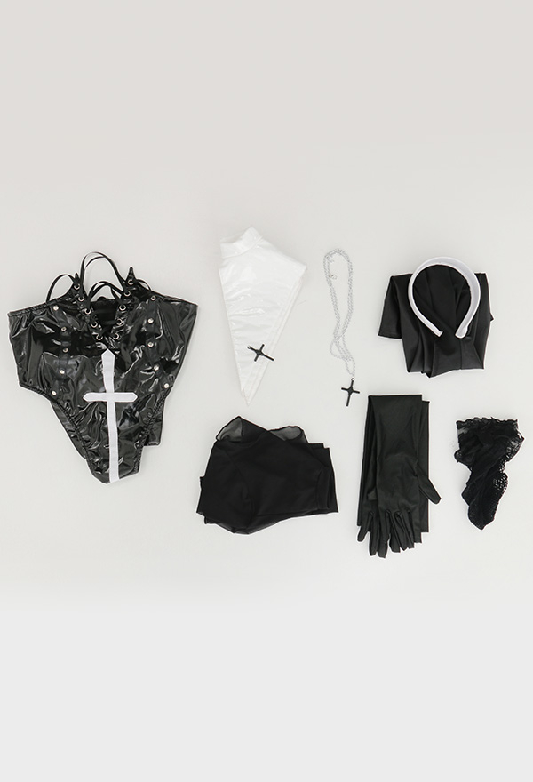 HOLY LOVE Gothic Nun Suit Black and White Open Chest Mesh Top and Lace-up Bottom Lingerie HOLY LOVE Gothic Nun Suit Black and White Open Chest Mesh Top and Lace-up Bottom Lingerie