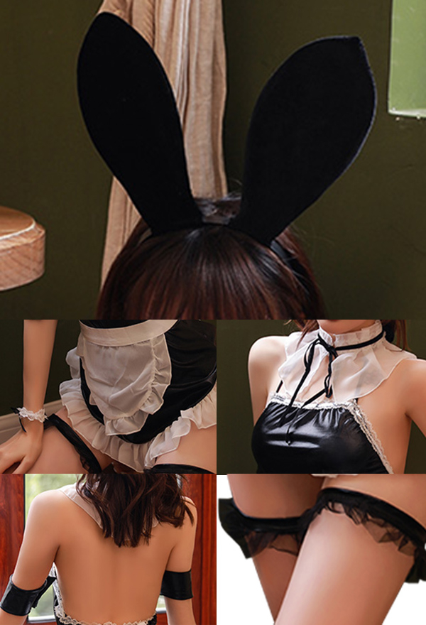 NAUGHTY LOVE Women Seductive Bunny Girl Suit Maid Style Lace Trim Back Bow Decorated Lingerie Dress with Headband NAUGHTY LOVE Women Seductive Bunny Girl Suit Maid Style Lace Trim Back Bow Decorated Lingerie Dress with Headband