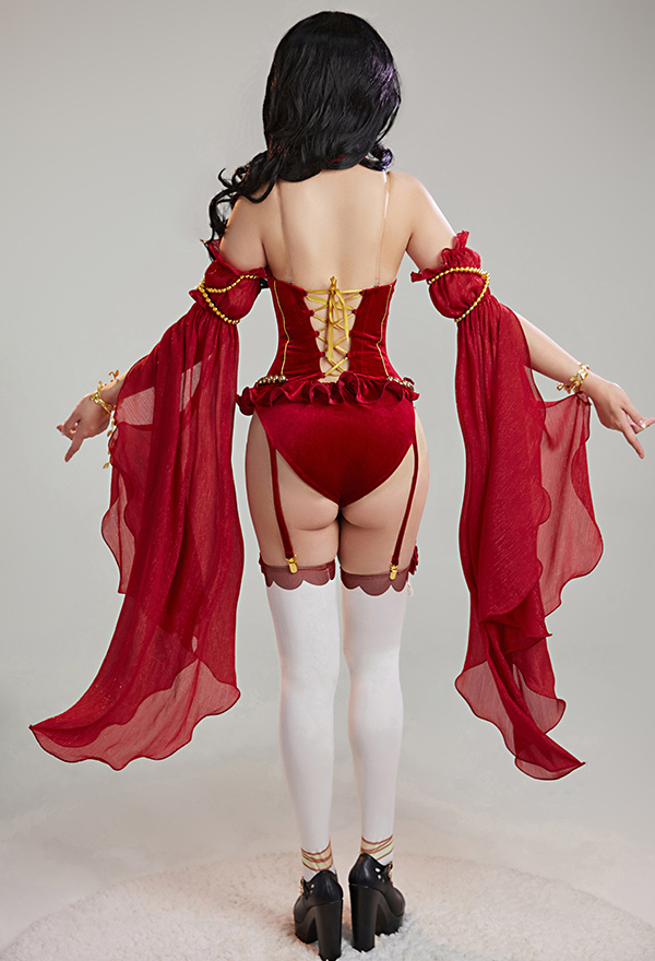 Love Poetry Women Medieval Vampire Sexy Red Rose Decorated Bodysuit Love Poetry Women Medieval Vampire Sexy Red Rose Decorated Bodysuit