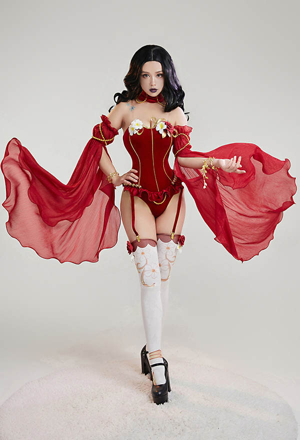 Love Poetry Women Medieval Vampire Sexy Red Rose Decorated Bodysuit Love Poetry Women Medieval Vampire Sexy Red Rose Decorated Bodysuit