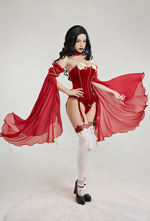 Love Poetry Women Medieval Vampire Sexy Red Rose Decorated Bodysuit Love Poetry Women Medieval Vampire Sexy Red Rose Decorated Bodysuit