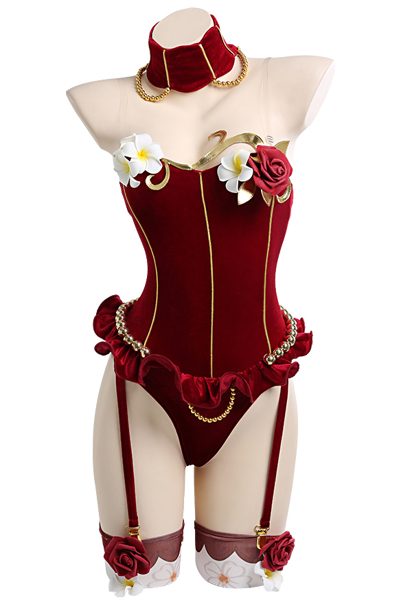 Love Poetry Women Medieval Vampire Sexy Red Rose Decorated Bodysuit Love Poetry Women Medieval Vampire Sexy Red Rose Decorated Bodysuit