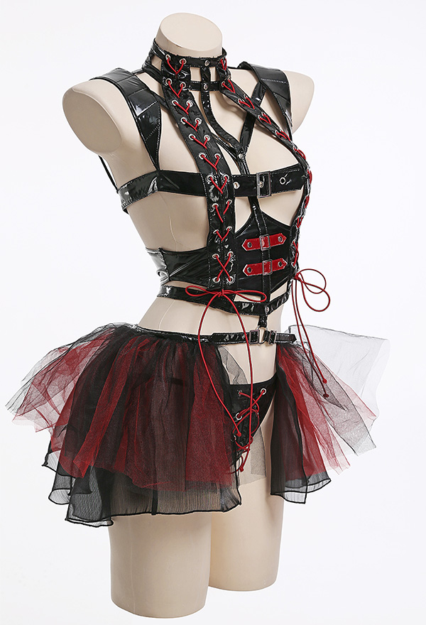 Bloom for You Gothic Punk Bandage Show Breast Top and Panty Lingerie Set with Ruffled Skirt