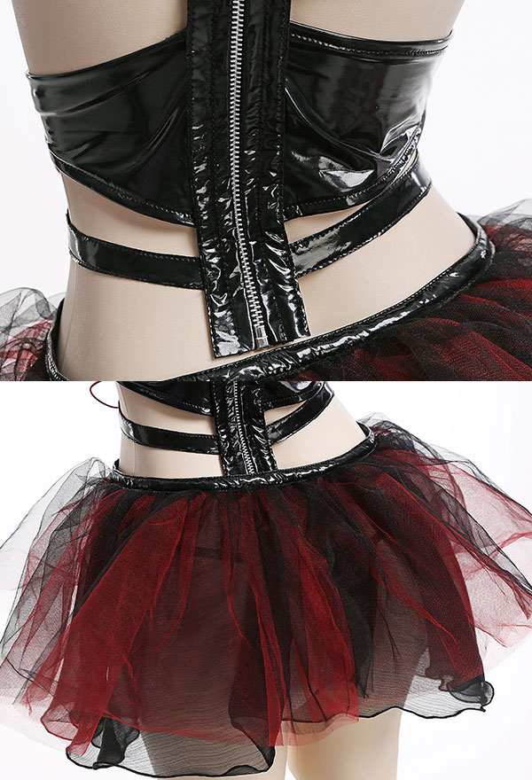 Bloom for You Gothic Punk Bandage Show Breast Top and Panty Lingerie Set with Ruffled Skirt