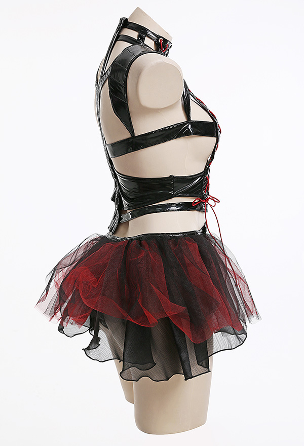 Bloom for You Gothic Punk Bandage Show Breast Top and Panty Lingerie Set with Ruffled Skirt
