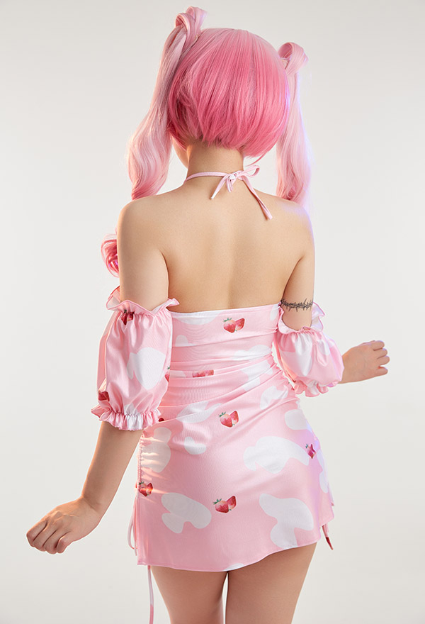 Women Sexy Pink Milk Cow Print Halter Off-Shoulder Bandage Dress