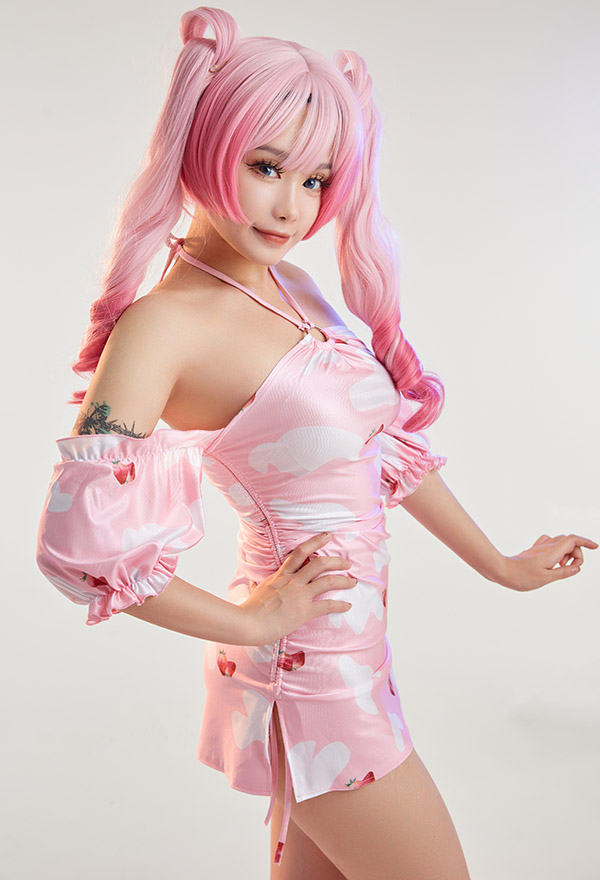 Women Sexy Pink Milk Cow Print Halter Off-Shoulder Bandage Dress