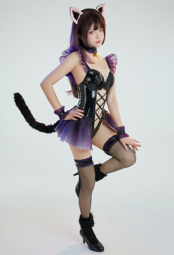 Catgirl Women Gothic Black Hollowed PU Bodysuit with Tail Stockings