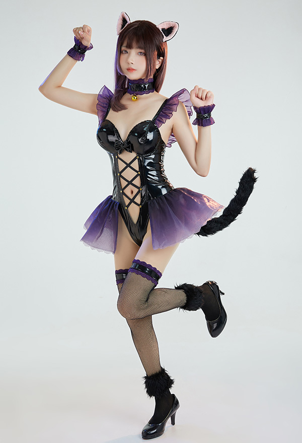 Catgirl Women Gothic Black Hollowed PU Bodysuit with Tail Stockings