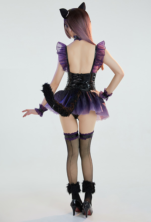Catgirl Women Gothic Black Hollowed PU Bodysuit with Tail Stockings