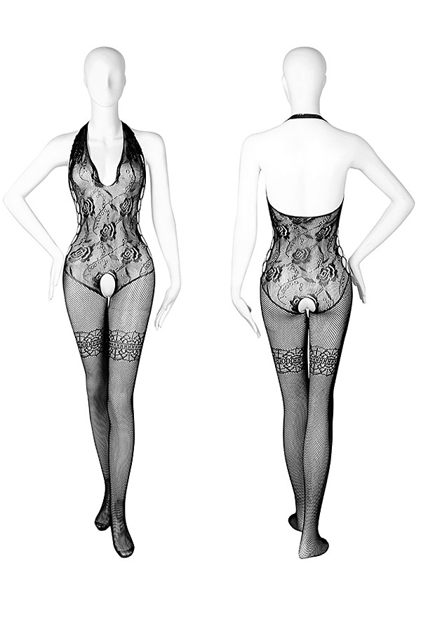 Zeal for You Women See-through Mesh Rose Pattern Halter Sexy Lingerie Zeal for You Women See-through Mesh Rose Pattern Halter Sexy Lingerie