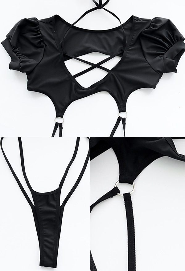 Naughty Player Women Sexy Black Lace-up Cutout Bodysuit Lingerie