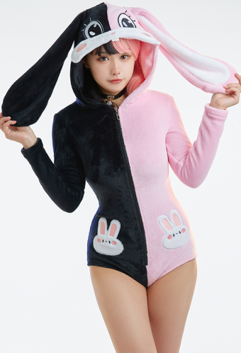 Women Sexy Black Pink Contrast Color Hooded Onesie Bodysuit