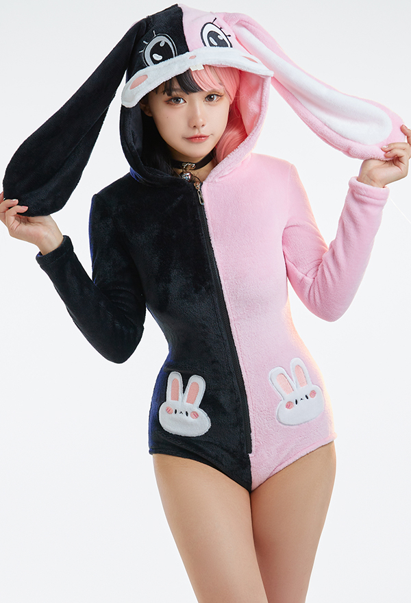 Women Sexy Black Pink Contrast Color Hooded Onesie Bodysuit