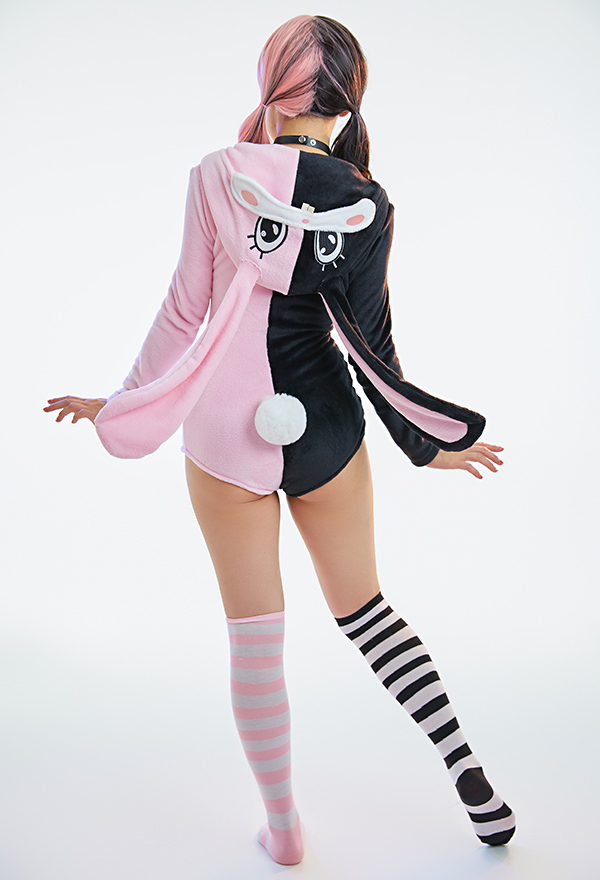 Women Sexy Black Pink Contrast Color Hooded Onesie Bodysuit