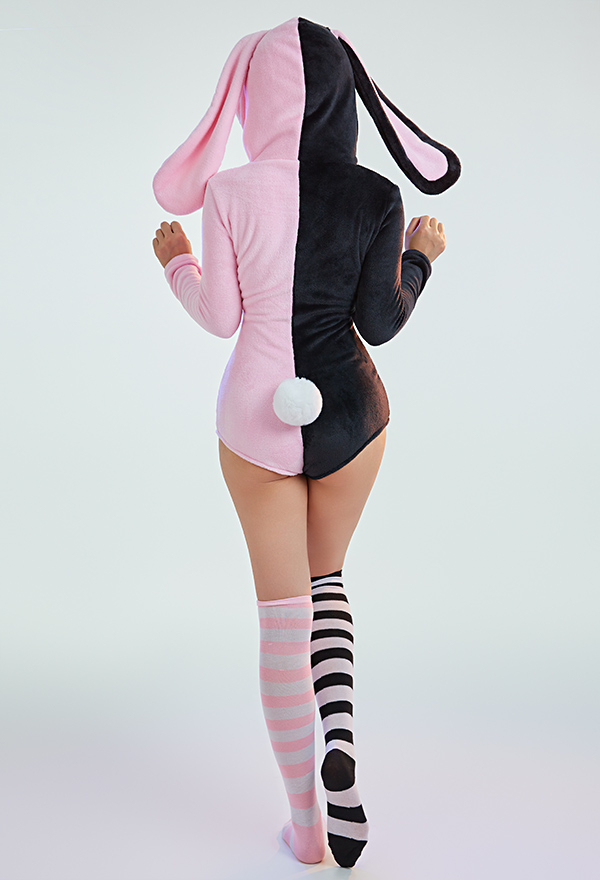 Women Sexy Black Pink Contrast Color Hooded Onesie Bodysuit