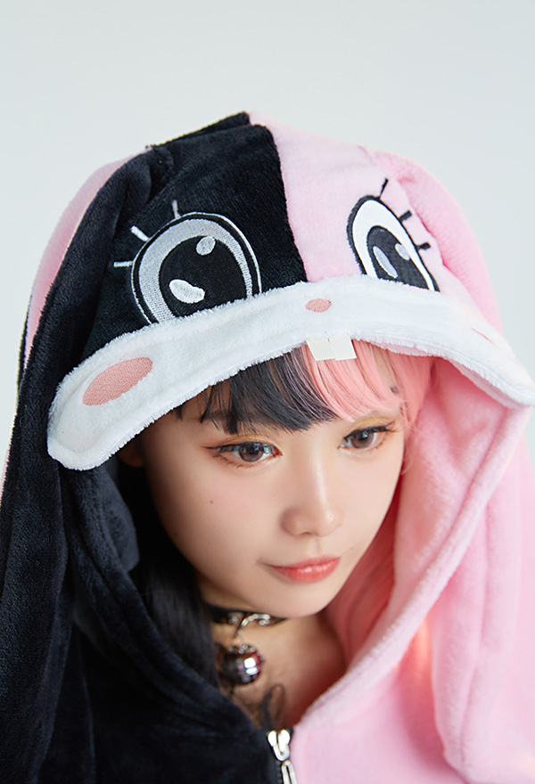Women Sexy Black Pink Contrast Color Hooded Onesie Bodysuit