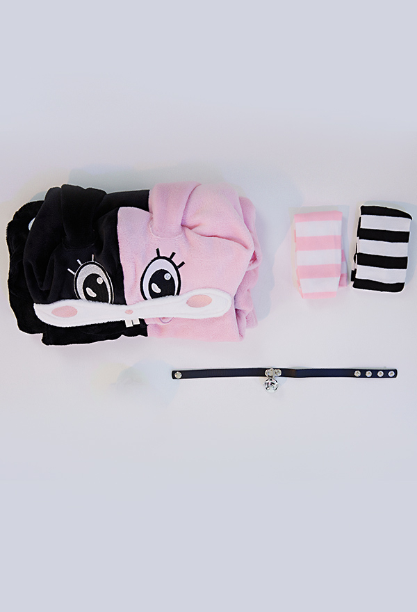 Women Sexy Black Pink Contrast Color Hooded Onesie Bodysuit