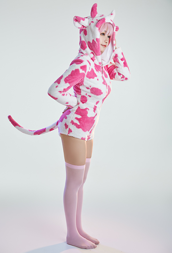 Women Sexy White Pink Cow Print Hooded Pajama Bodysuit