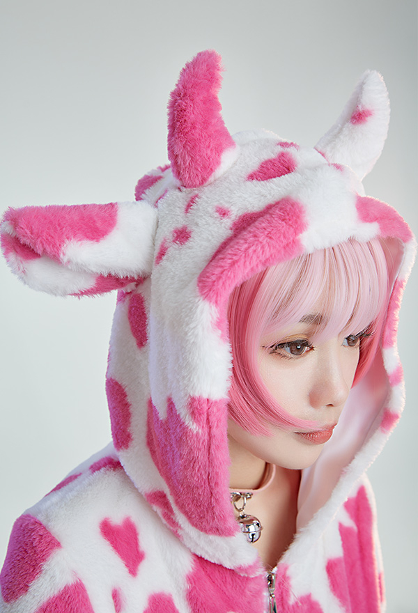 Women Sexy White Pink Cow Print Hooded Pajama Bodysuit