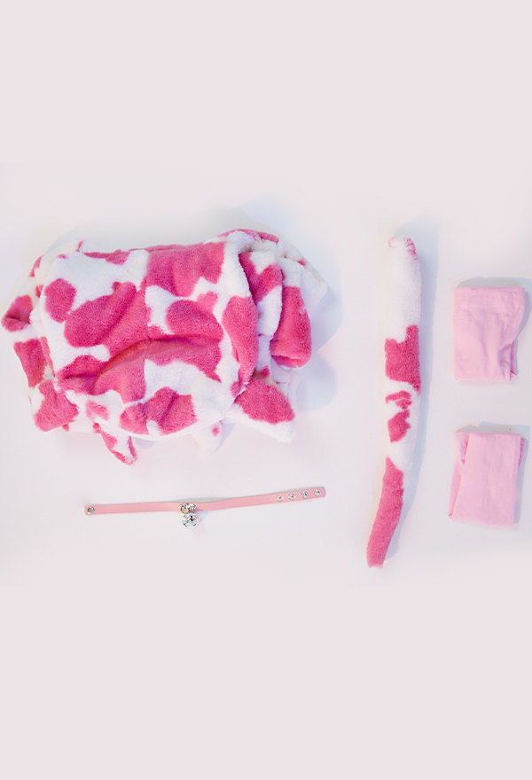 Women Sexy White Pink Cow Print Hooded Pajama Bodysuit