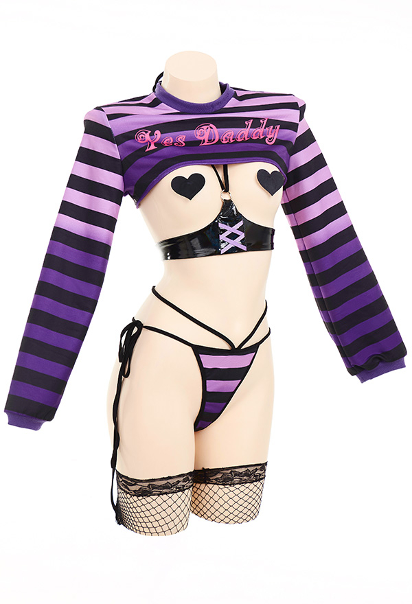 Coeur Allure Women Sexy Purple Show Breast Stripe Sexy Lingerie Set