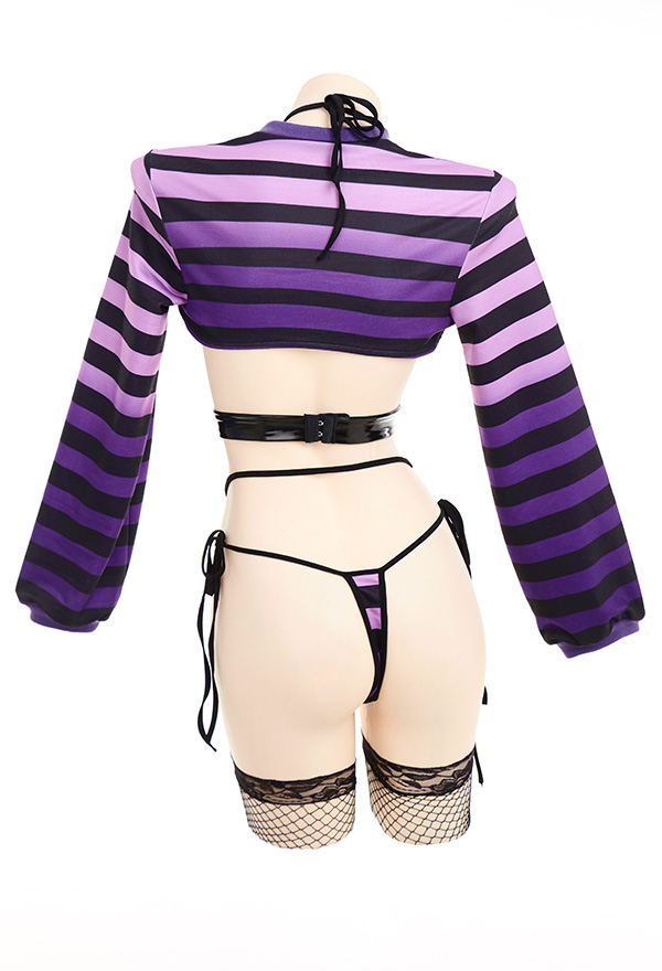 Coeur Allure Women Sexy Purple Show Breast Stripe Sexy Lingerie Set