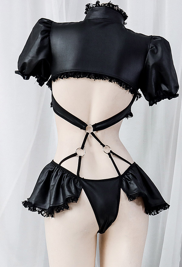 Passion Island Women Sexy Black High Collar Puff Sleeves Hollow Bodysuit Passion Island Women Sexy Black High Collar Puff Sleeves Hollow Bodysuit