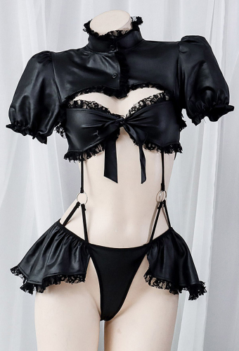 Passion Island Women Sexy Black High Collar Puff Sleeves Hollow Bodysuit