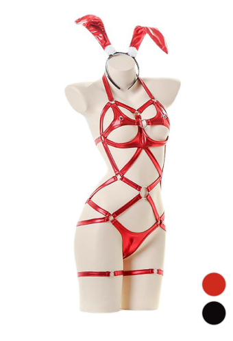 Bunny Girl Women Gothic Sexy PU Hollow Three-Point Bodysuit