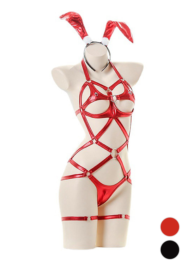 Bunny Girl Women Gothic Sexy PU Hollow Three-Point Bodysuit