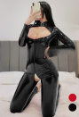 Women Gothic Sexy Elastic Shinny Long Sleeves Cutout Crotchless Bodysuit