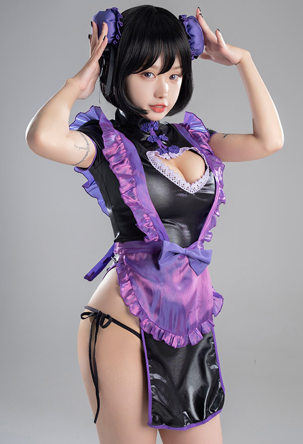 Call me Baby Women Gothic Sexy Cheongsam Style Black Purple Heart-Shaped Cutout Lingerie Dress Call me Baby Women Gothic Sexy Cheongsam Style Black Purple Heart-Shaped Cutout Lingerie Dress