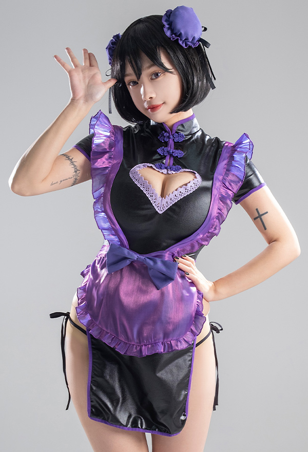 Call me Baby Women Gothic Sexy Cheongsam Style Black Purple Heart-Shaped Cutout Lingerie Dress Call me Baby Women Gothic Sexy Cheongsam Style Black Purple Heart-Shaped Cutout Lingerie Dress