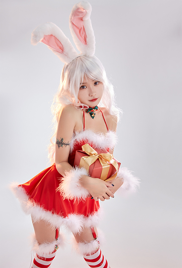 Xmas Bunny Women Sexy Red Halter Backless Plush Hem Heart Shape Cutout Lingerie Dress