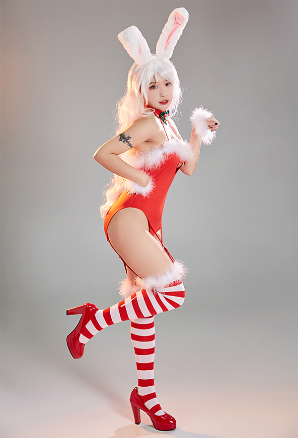 Xmas Bunny Women Sexy Red Halter Backless Plush Hem Heart Shape Cutout Lingerie Dress