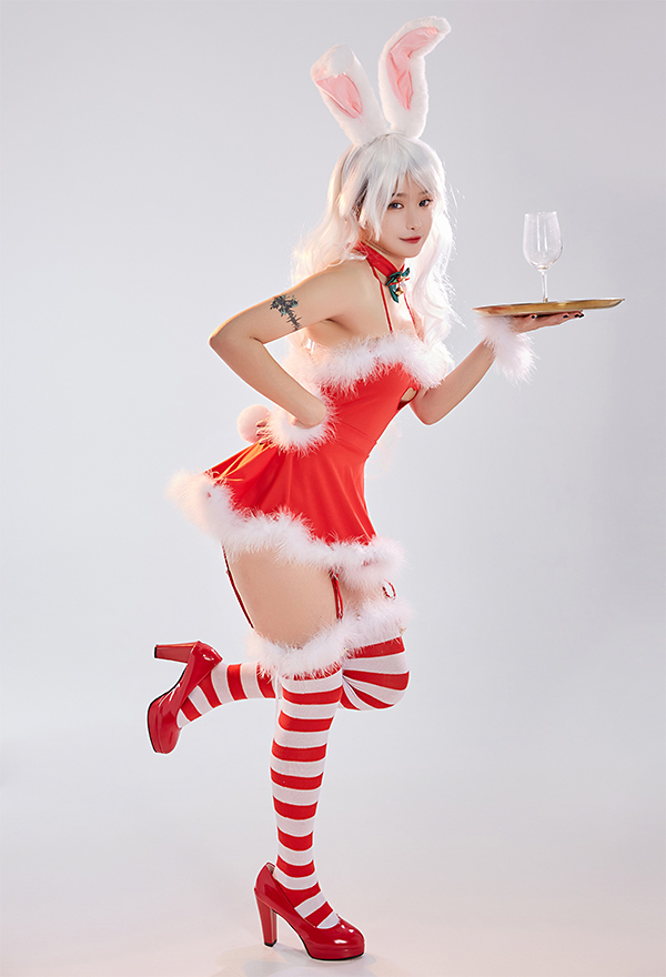 Xmas Bunny Women Sexy Red Halter Backless Plush Hem Heart Shape Cutout Lingerie Dress